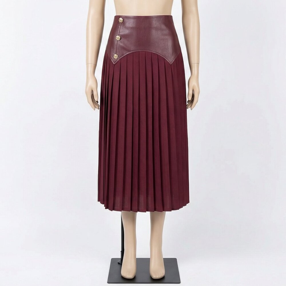 Faux Leather Pleated Elegant Burgundy Pleated Midi Skirt - Picture 7 of 7
